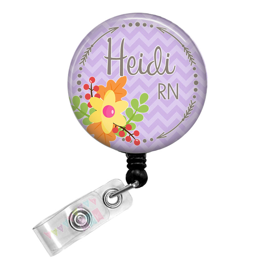 Arrow Circle - Fall Floral - PERSONALIZED -Purple Chevron - Button Badge Reel Retractable
