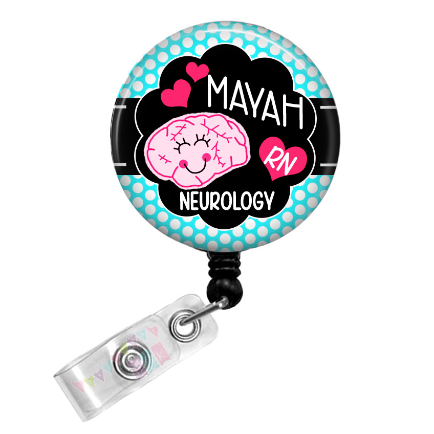 Bryelle the Brain - Personalized - Neurology - Brite Blue Polka Dots - Button Badge Reel - Retractable ID Holder