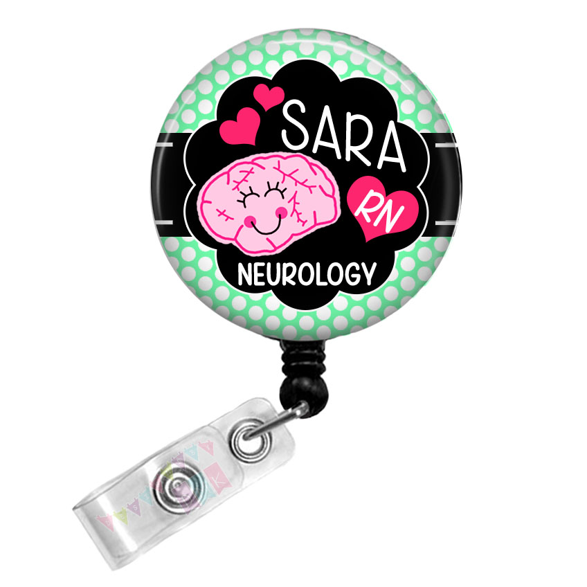 Bryelle the Brain - Personalized - Neurology - Mint Green Polka Dots - Button Badge Reel - Retractable ID Holder