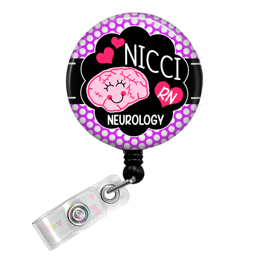 Bryelle the Brain - Personalized - Neurology RN - Purple Polka Dots - Button Badge Reel - Retractable ID Holder