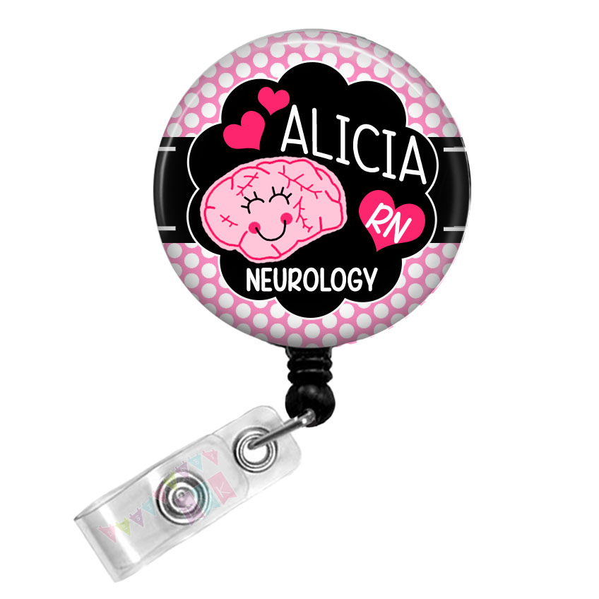 Bryelle the Brain - Personalized - Neurology RN - Black - Button Badge Reel - Retractable ID Holder