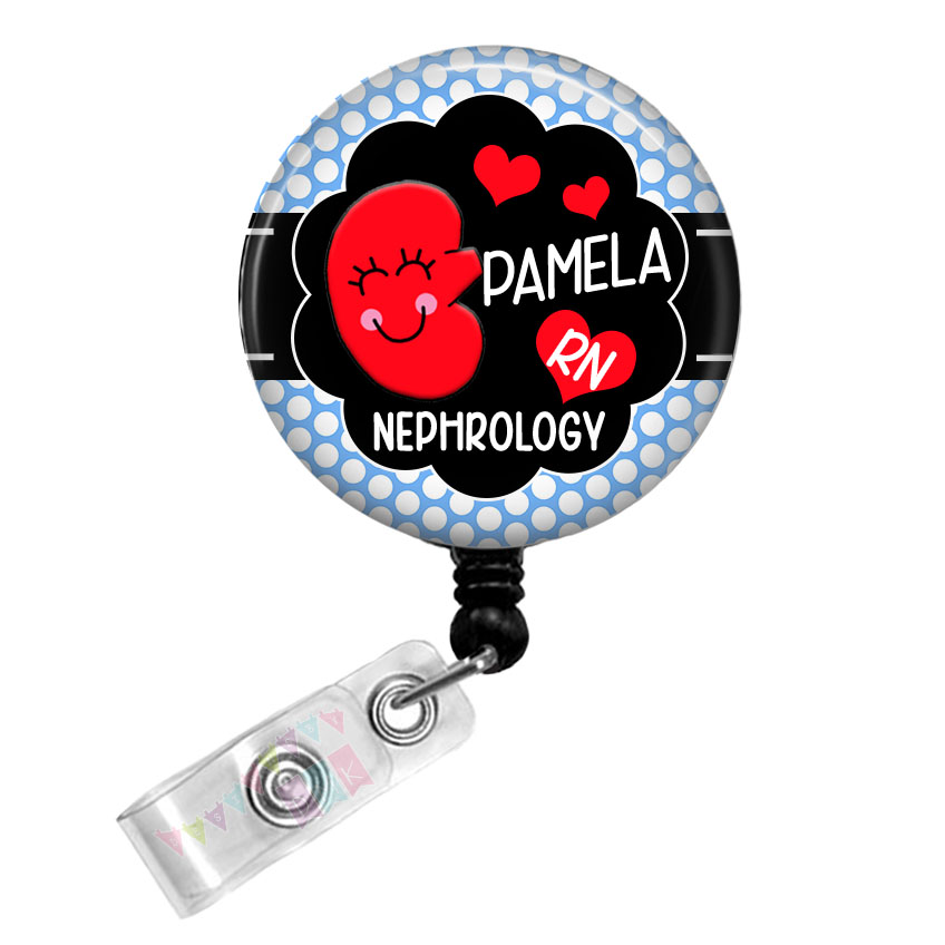 Kynnedy the Kidney - Personalized - Nephrology - Blue Polka Dots Button Badge Reel - Retractable ID Holder