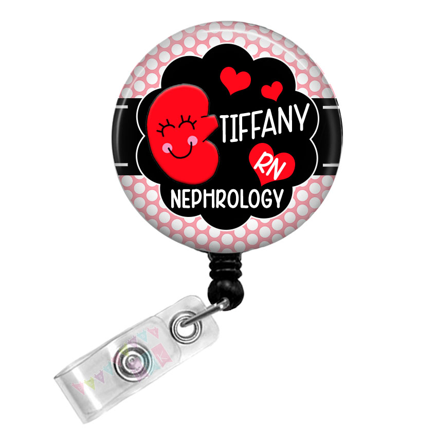 Kynnedy the Kidney - Personalized - Nephrology - Pink Polka Dots Button Badge Reel - Retractable ID Holder