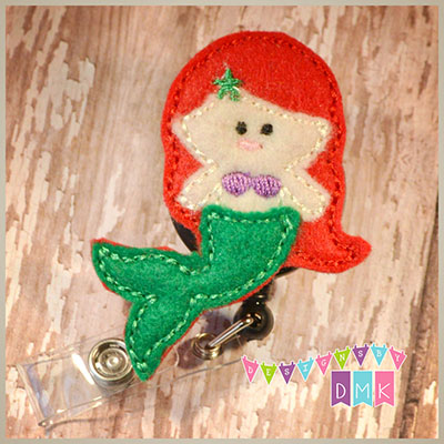 Mermaid Red Hair Green Tail Felt Badge Reel