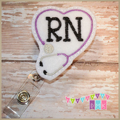RN Stethoscope Heart Purple on White Felt Badge Reel