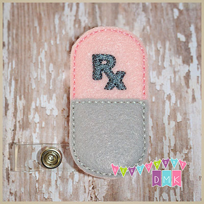 Rx Pill Capsule Pink & Grey Felt Badge Reel