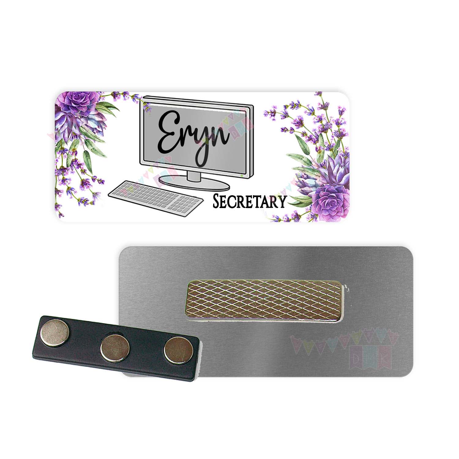 Lavender Succulents - Computer - PERSONALIZED - Custom Name Tag - 1.25" x 3" - Magnetic OR Pin Back - Secretary - Admin Assistant - 001NT