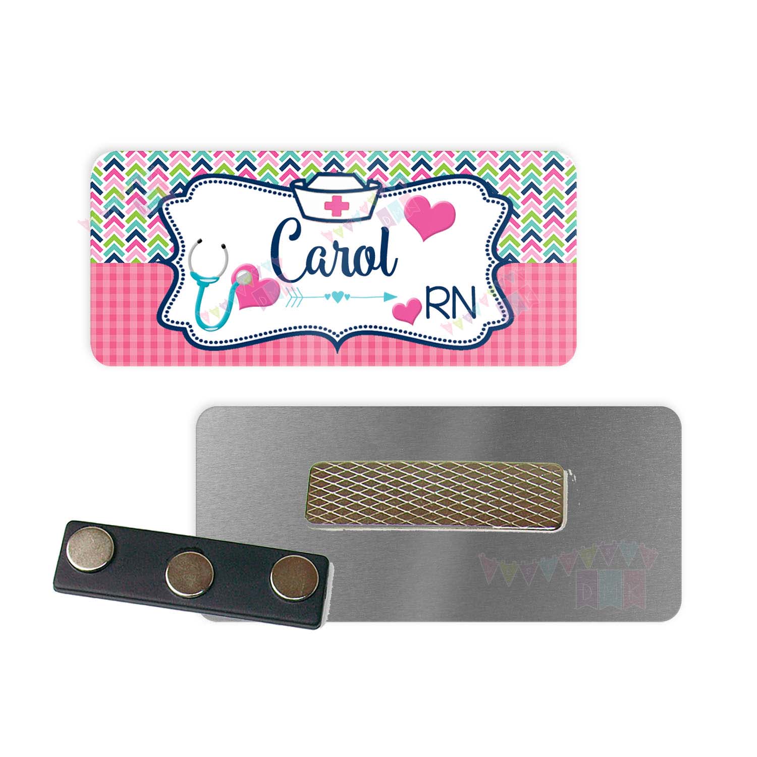 Nurse Hat & Stethoscope - Pink Gingham Multi Brite Pastel Arrows - PERSONALIZED - Custom Name Tag - 1.25" x 3" Magnetic OR Pin Back