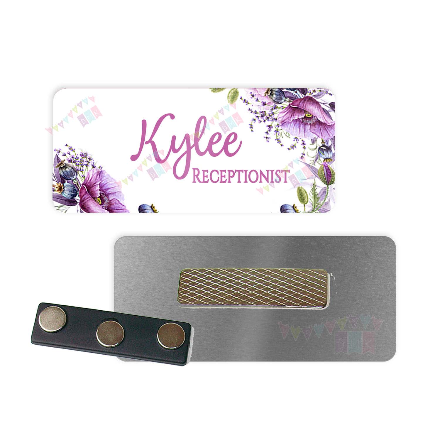 Violets - PERSONALIZED - Custom Name Tag - 1.25" x 3" Magnetic OR Pin Back - SLP - Physical Therapist - Administrative Assistant