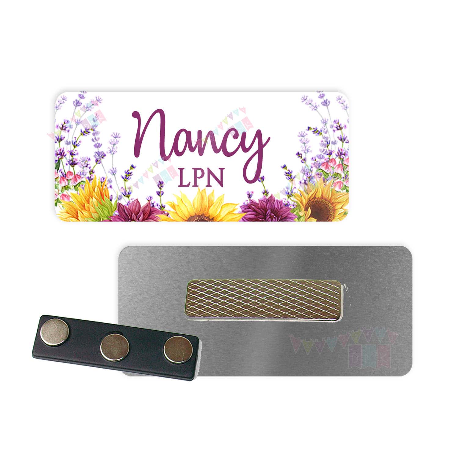 Sunflowers & Dahlias - PERSONALIZED - Custom Name Tag - 1.25" x 3" Magnetic OR Pin Back - LPN - Teacher - Administrative Assistant