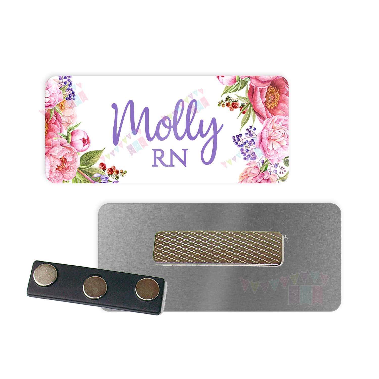 Peonies & Lupins - PERSONALIZED - Custom Name Tag - 1.25" x 3" Magnetic OR Pin Back - RN - CPhT - Nurse Manager