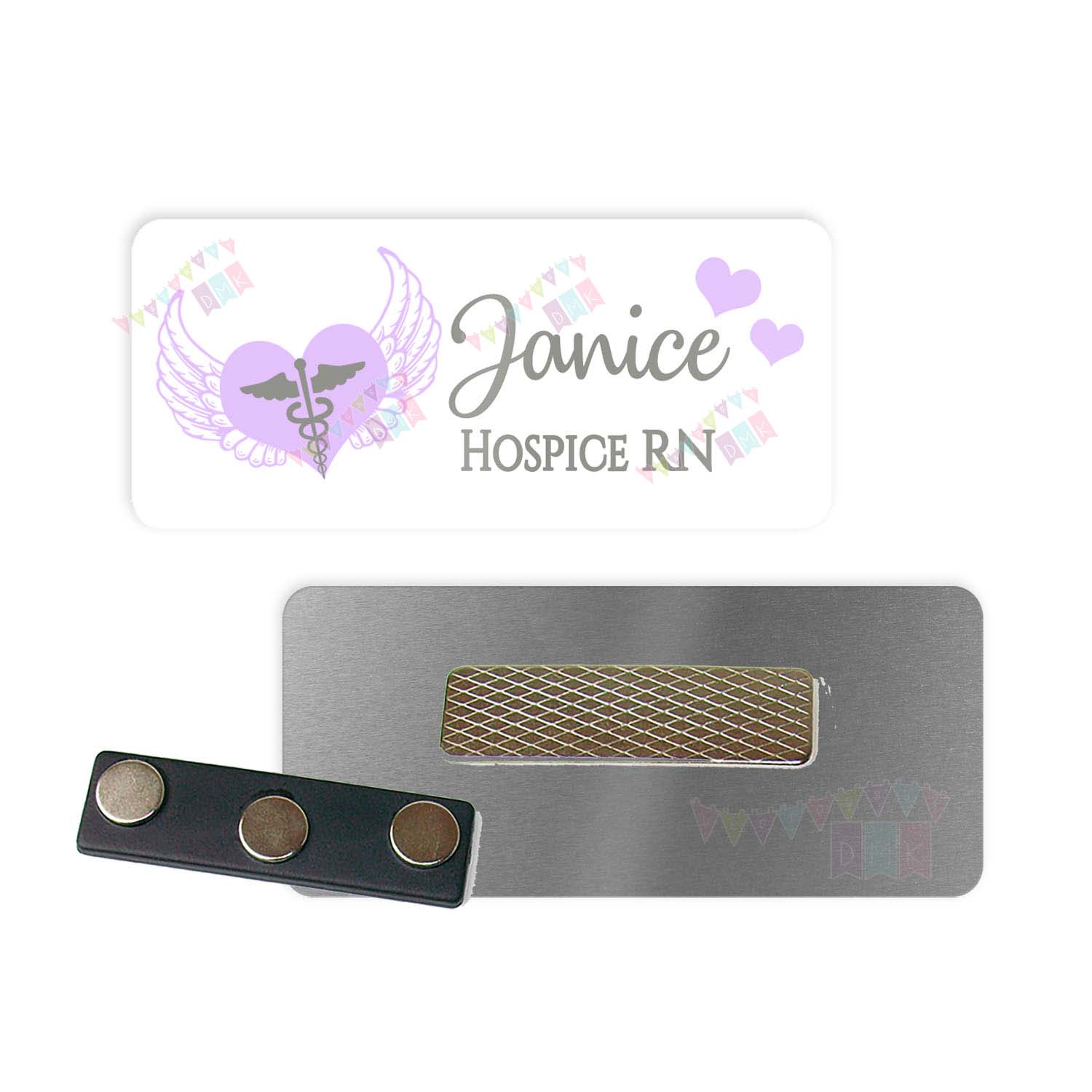 Hospice - Heart with Wings - Purple - PERSONALIZED - Custom Name Tag - 1.25" x 3" Magnetic OR Pin Back - Social Work - RN