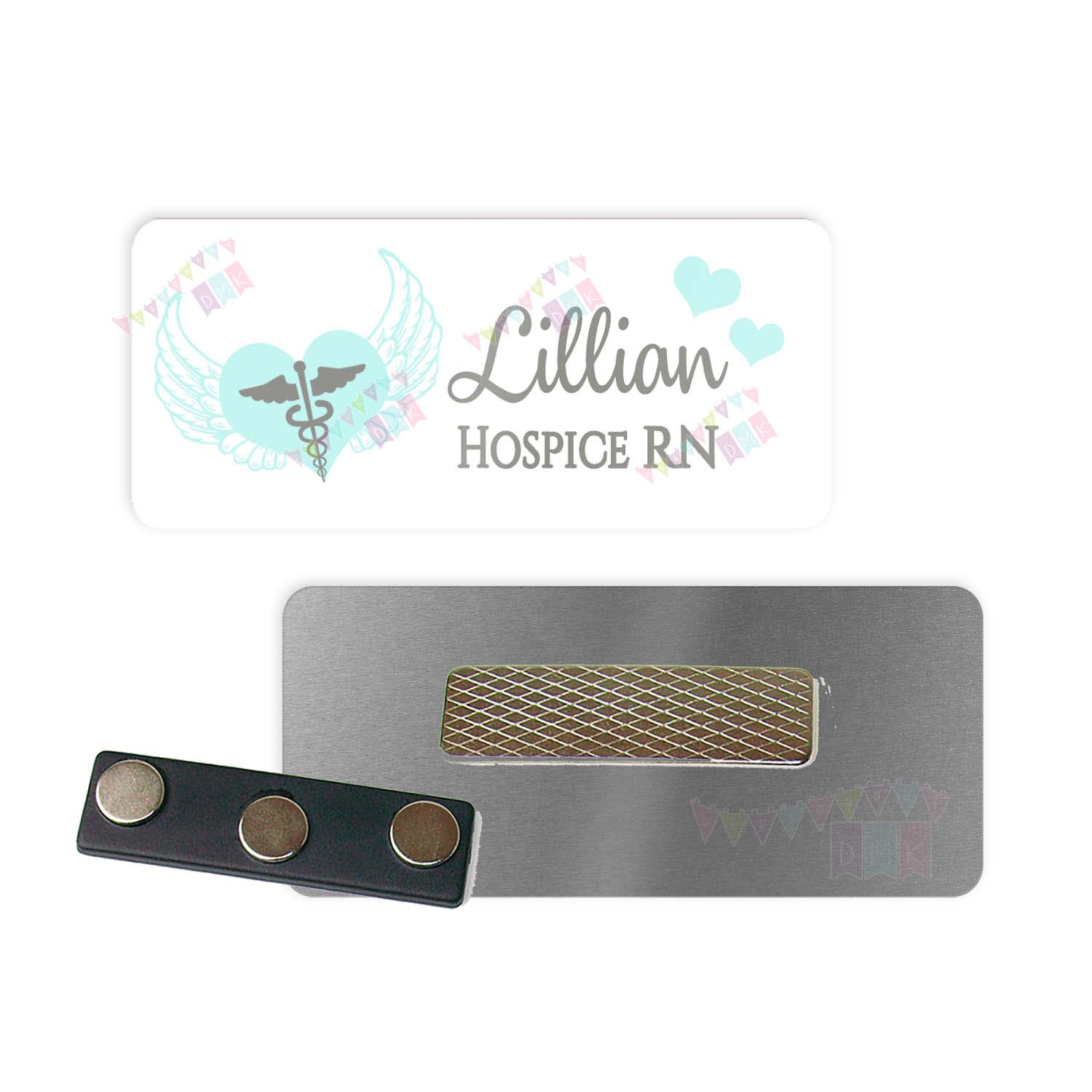 Hospice - Heart with Wings - Light Blue - PERSONALIZED - Custom Name Tag - 1.25" x 3" Magnetic OR Pin Back - Social Work - RN