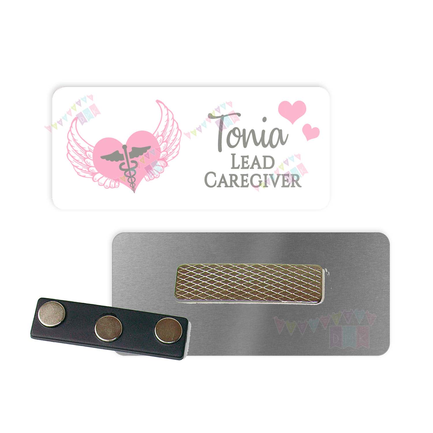 Hospice - Heart with Wings - Pink - PERSONALIZED - Custom Name Tag - 1.25" x 3" Magnetic OR Pin Back - Social Work - RN