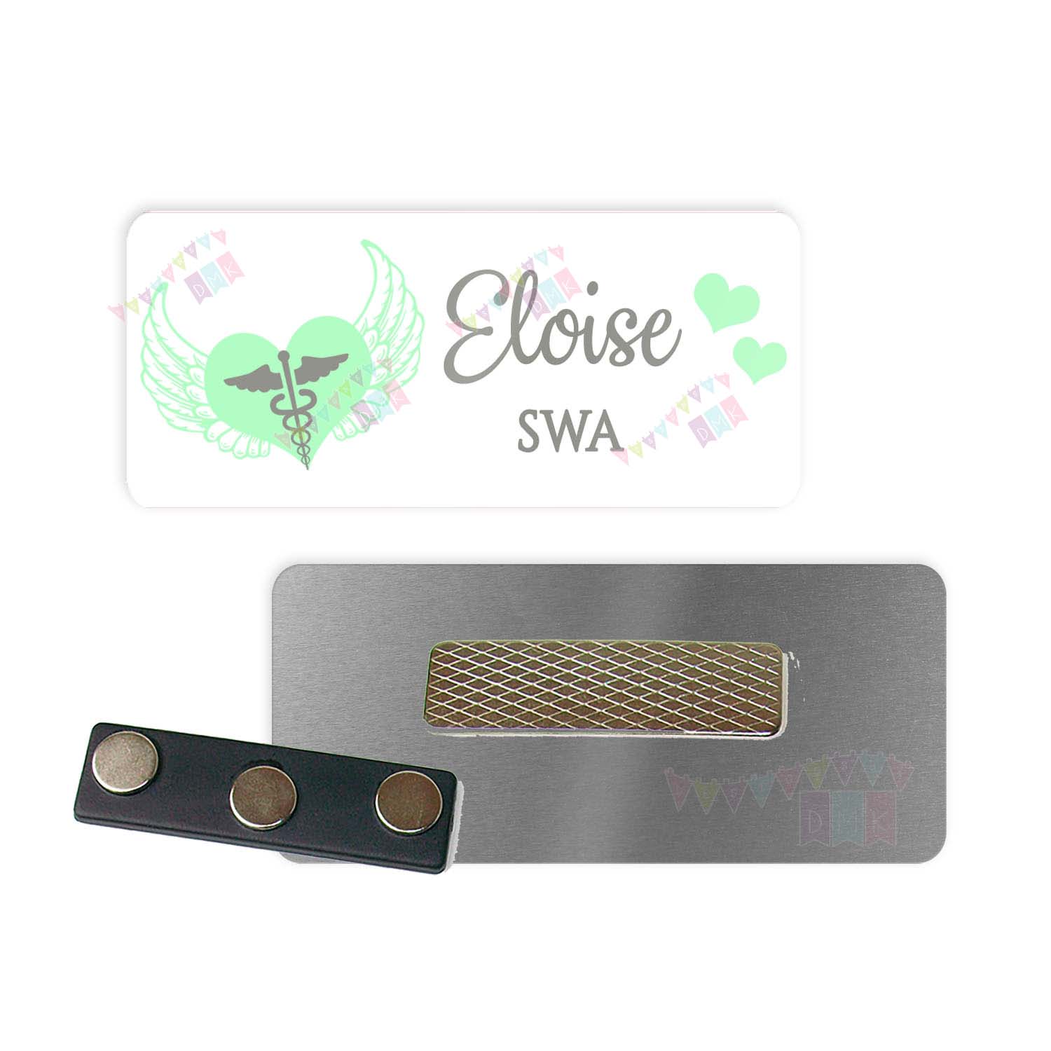 Hospice - Heart with Wings - Mint - PERSONALIZED - Custom Name Tag - 1.25" x 3" Magnetic OR Pin Back - Social Work - RN