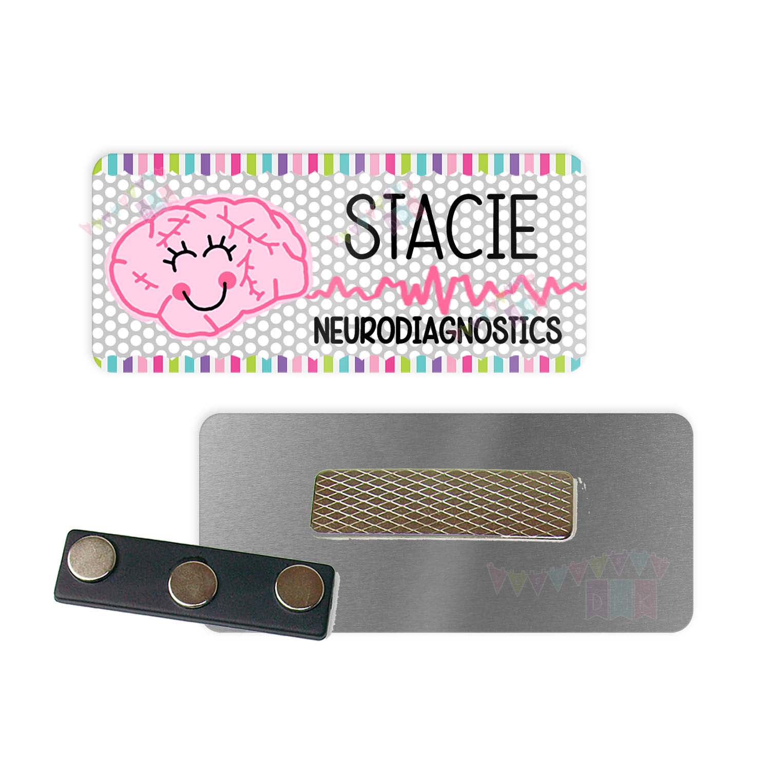 Bryelle the Brain - Grey Polka Dots - Brite Pastel Border - PERSONALIZED - Custom Name Tag - 1.25" x 3" Magnetic OR Pin Back