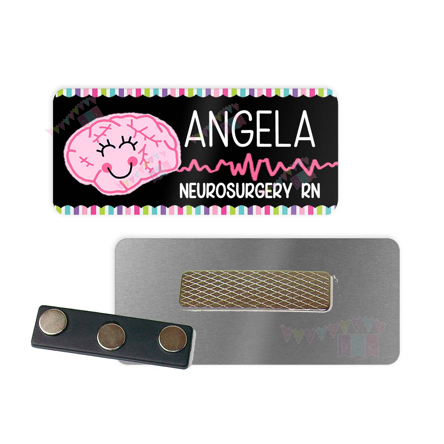 Bryelle the Brain - Black - Brite Pastel Border - PERSONALIZED - Custom Name Tag - 1.25" x 3" Magnetic OR Pin Back