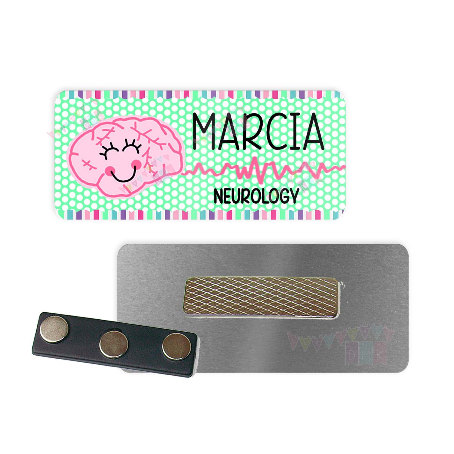 Bryelle the Brain - Mint Polka Dot - Brite Pastel Border - PERSONALIZED - Custom Name Tag - 1.25" x 3" Magnetic OR Pin Back