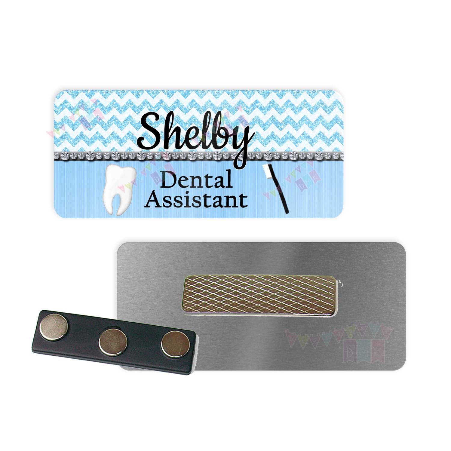 Dental - Light Blue Chevron Bling - PERSONALIZED - Custom Name Tag - 1.25" x 3" Magnetic OR Pin Back