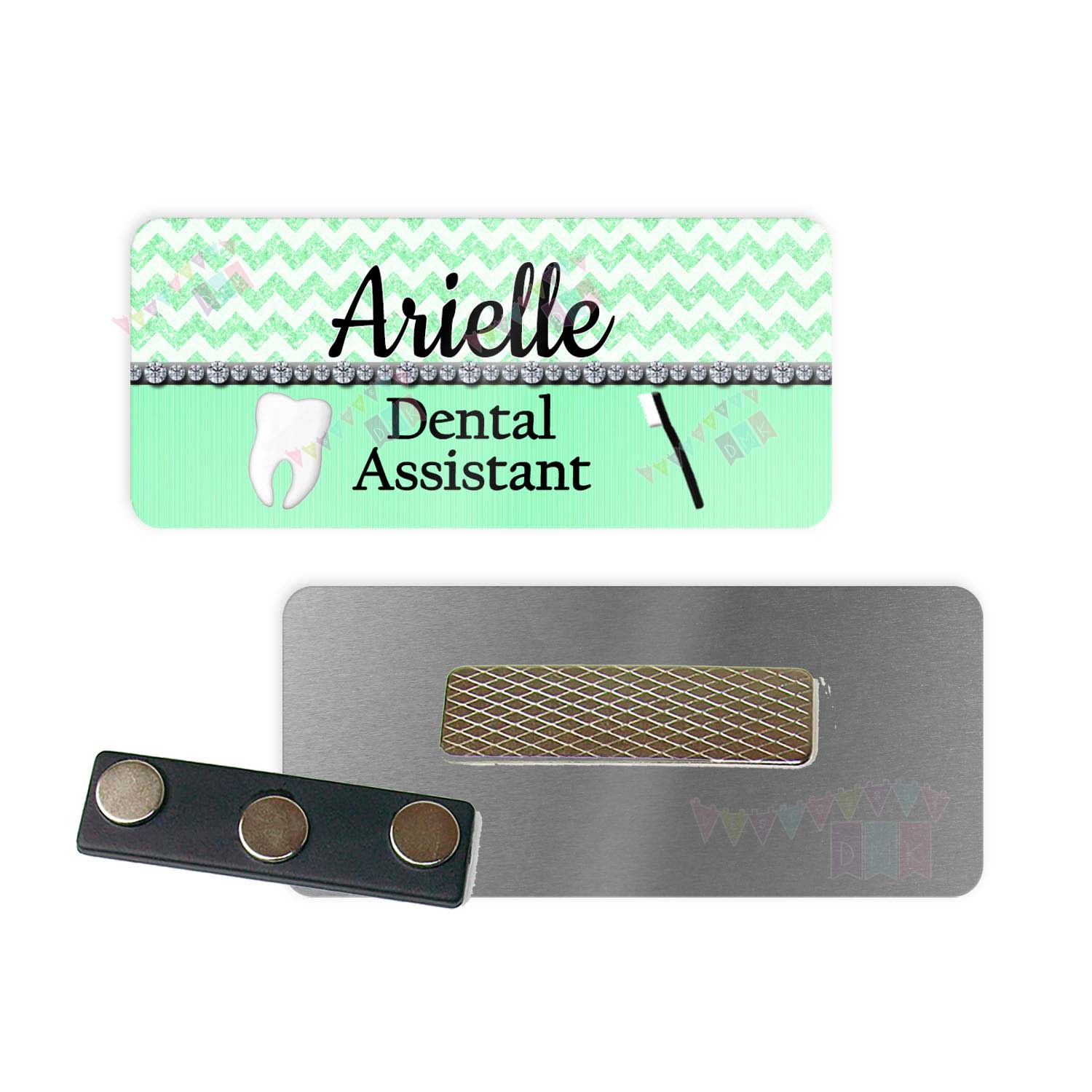 Dental - Mint Green Chevron Bling - PERSONALIZED - Custom Name Tag - 1.25" x 3" Magnetic OR Pin Back