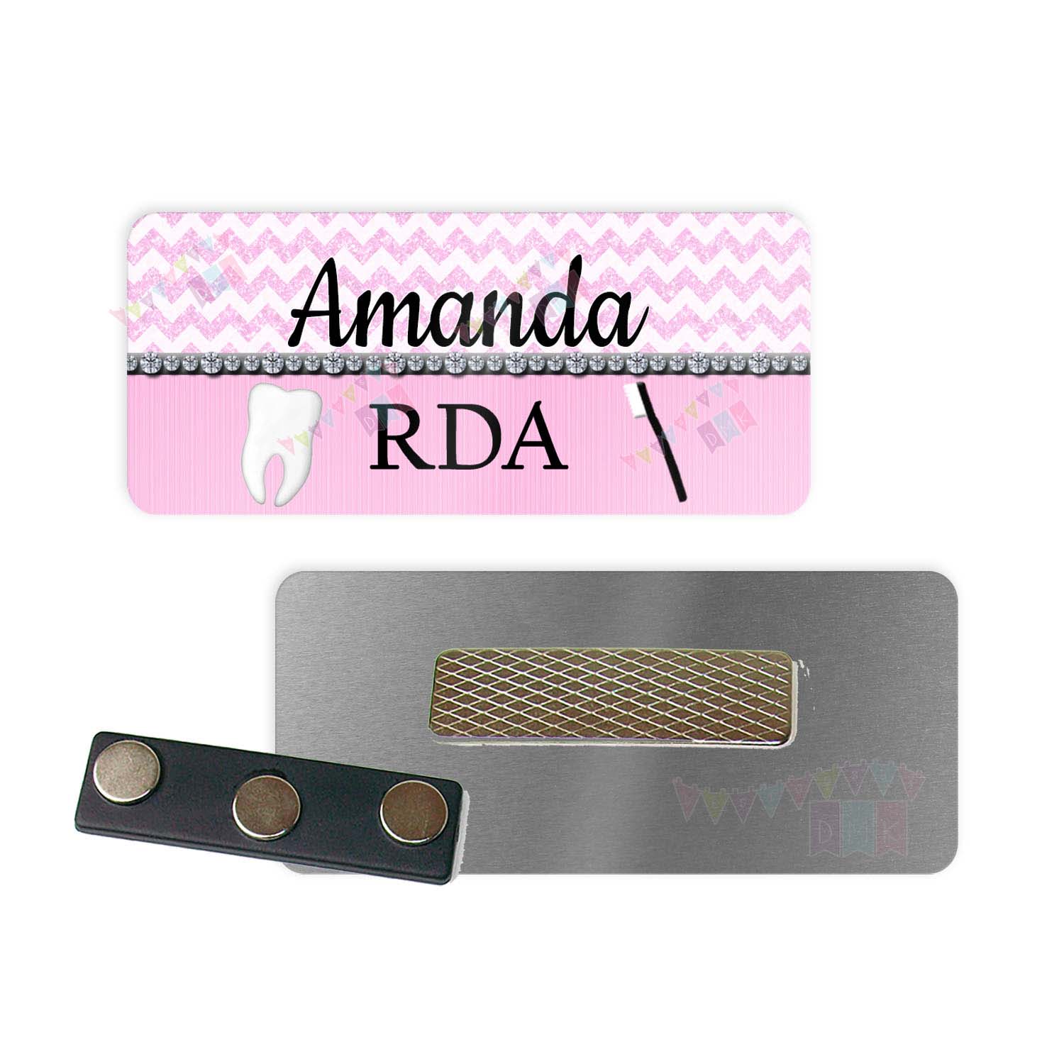 Dental - Pink Chevron Bling - PERSONALIZED - Custom Name Tag - 1.25" x 3" Magnetic OR Pin Back