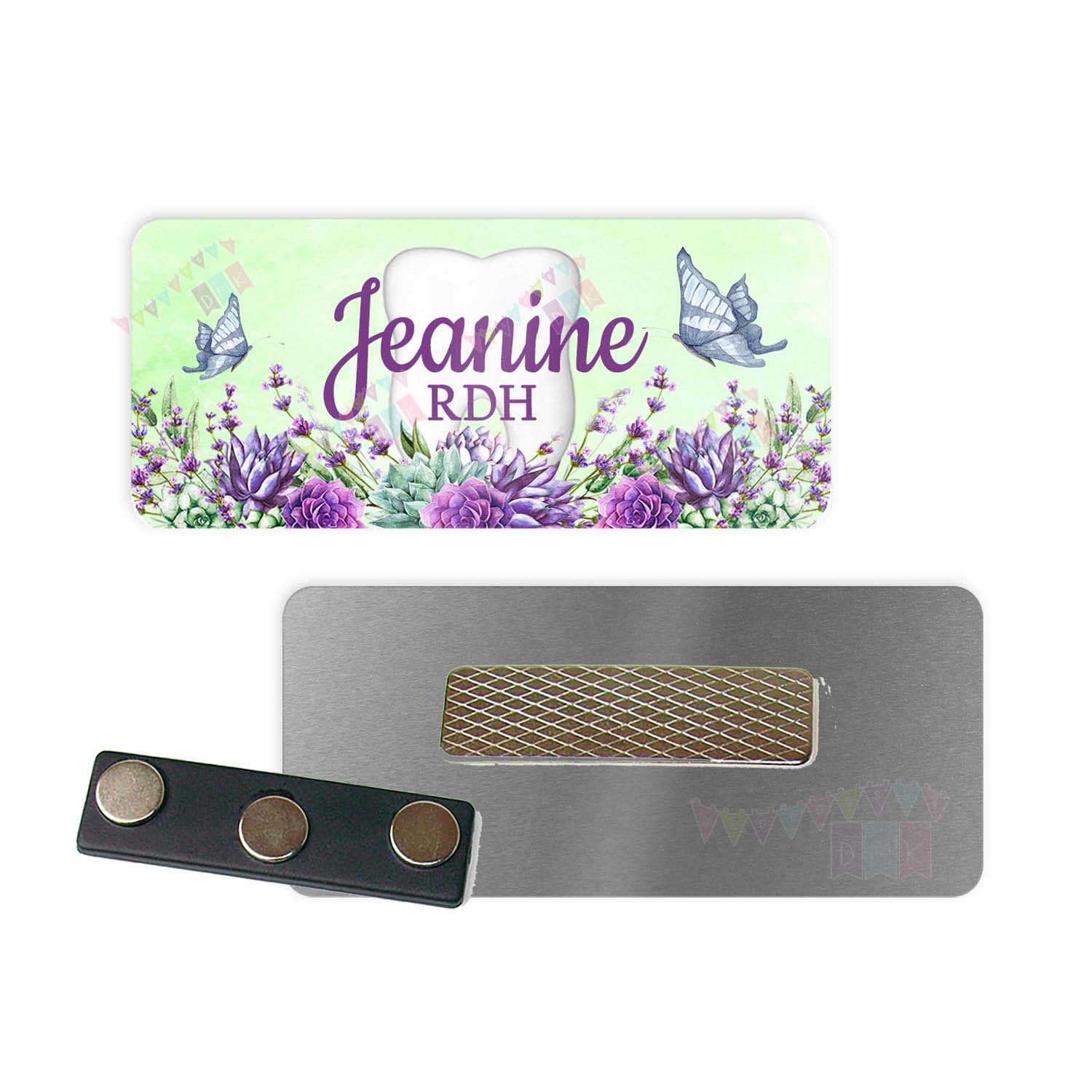 Dental - Watercolor Green - Lavender Succulents - PERSONALIZED - Custom Name Tag - 1.25" x 3" Magnetic OR Pin Back