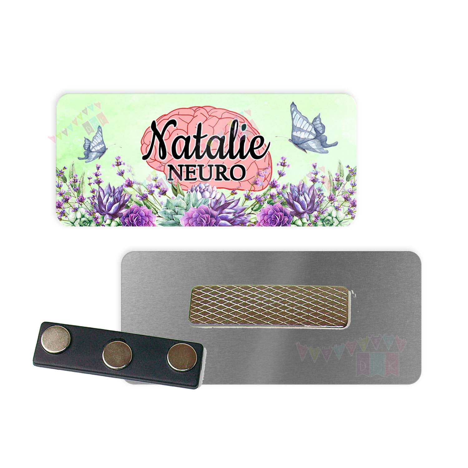 Neurology - Watercolor Green - Lavender Succulents - PERSONALIZED - Custom Name Tag - 1.25" x 3" Magnetic OR Pin Back