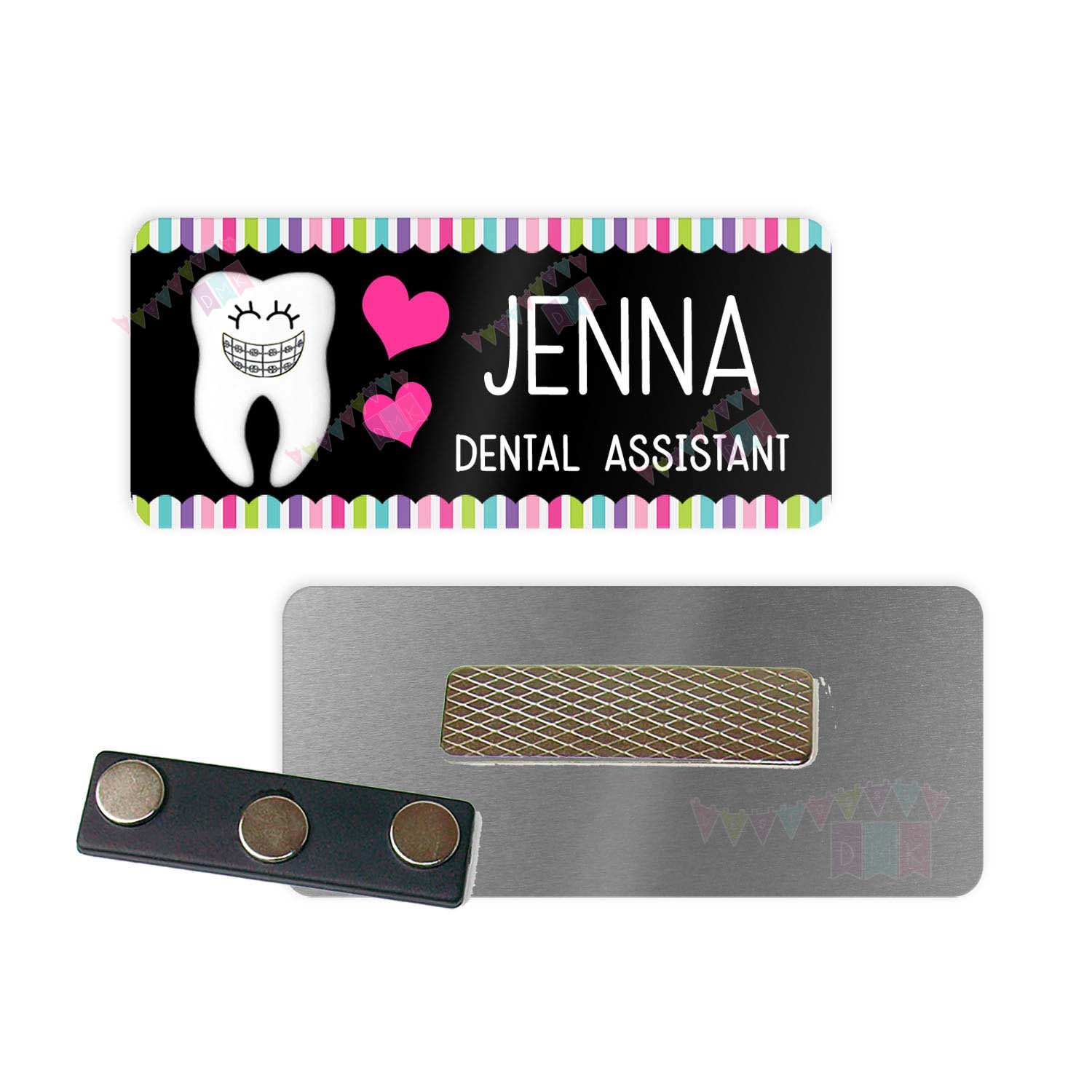 Braelyn the Brace Face - Black with Multi Border - Orthodontist - PERSONALIZED - Custom Name Tag - 1.25" x 3" Magnetic OR Pin Back