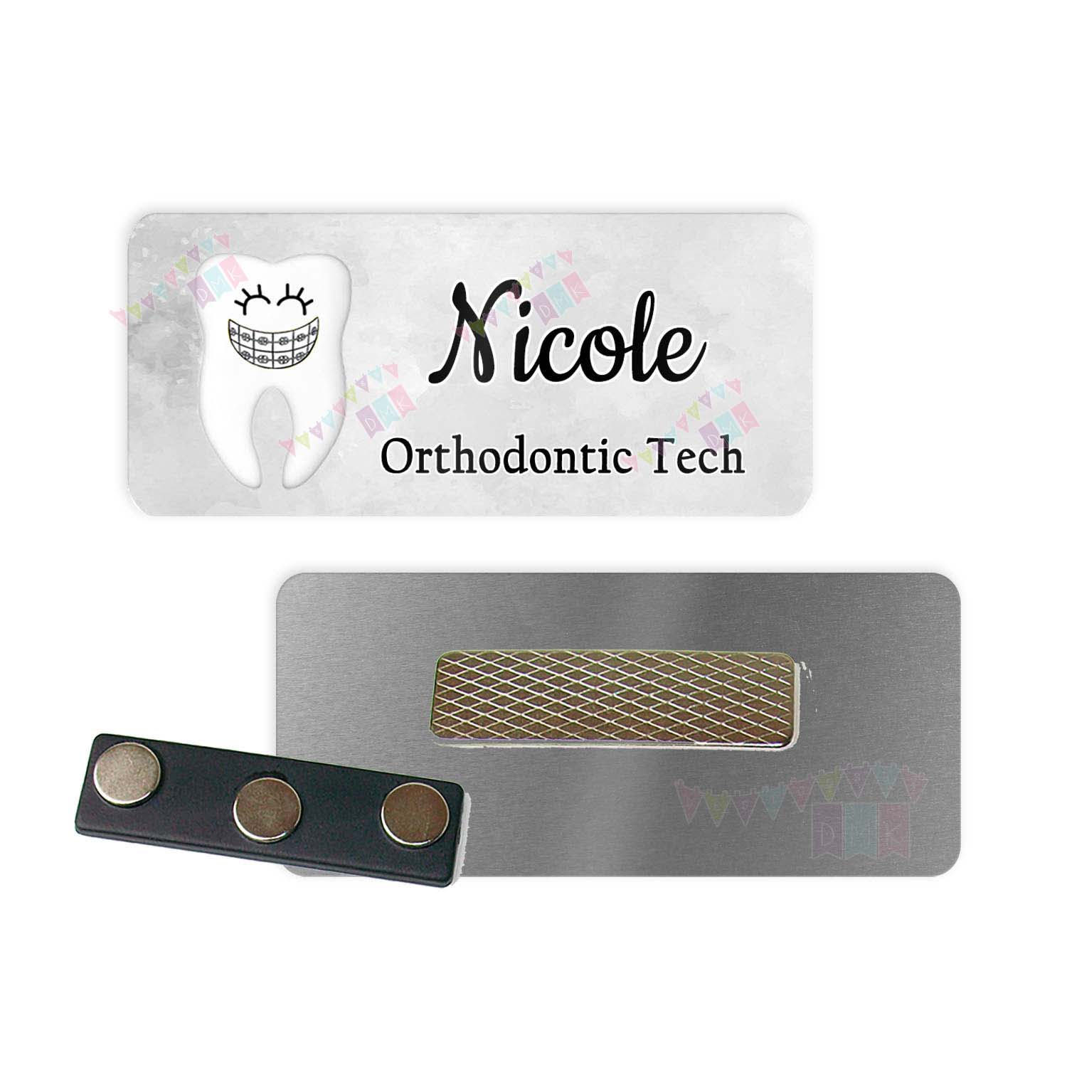 Braelyn the Brace Face - Grey Watercolor - Orthodontist - PERSONALIZED - Custom Name Tag - 1.25" x 3" Magnetic OR Pin Back