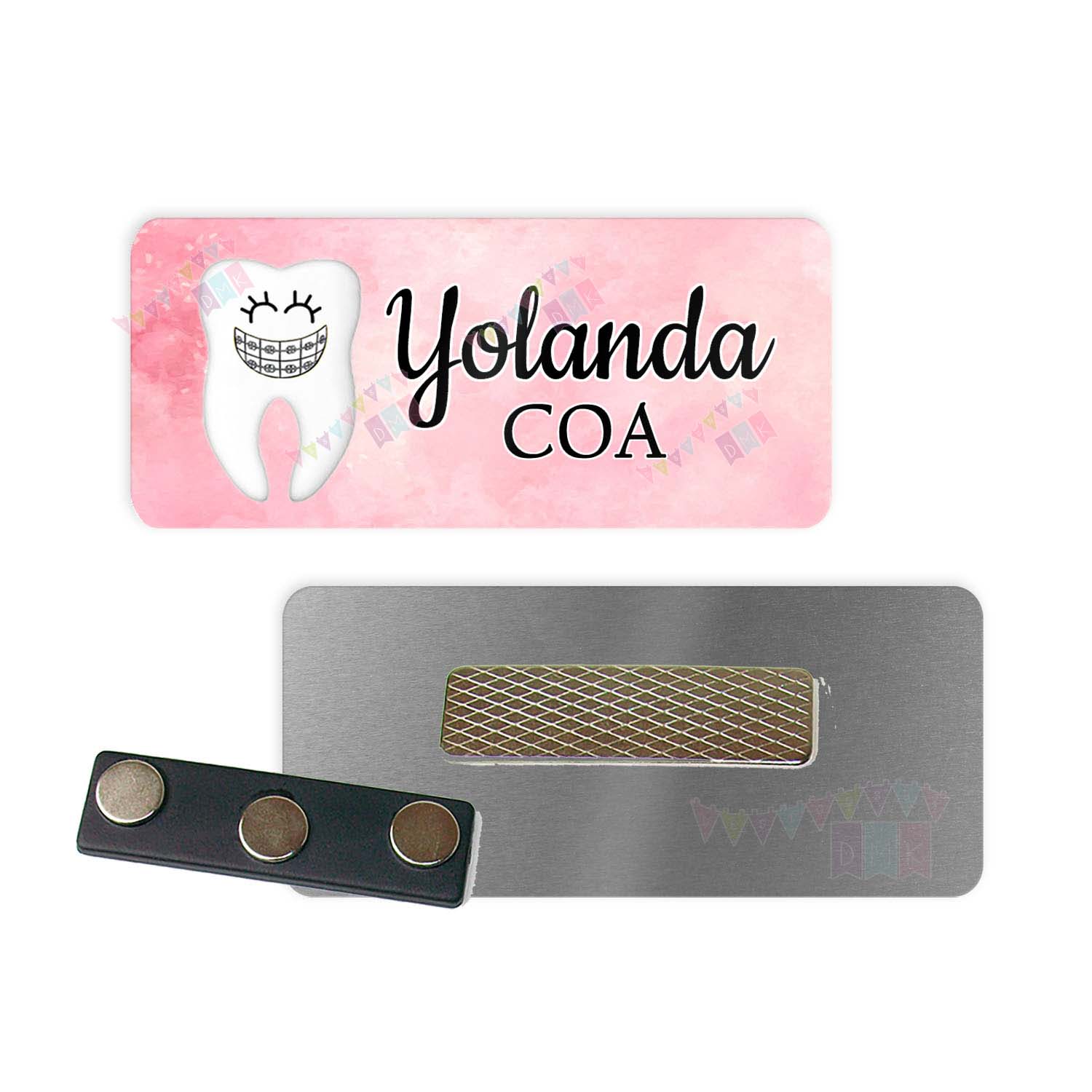 Braelyn the Brace Face - Pink Watercolor - Orthodontist - PERSONALIZED - Custom Name Tag - 1.25" x 3" Magnetic OR Pin Back