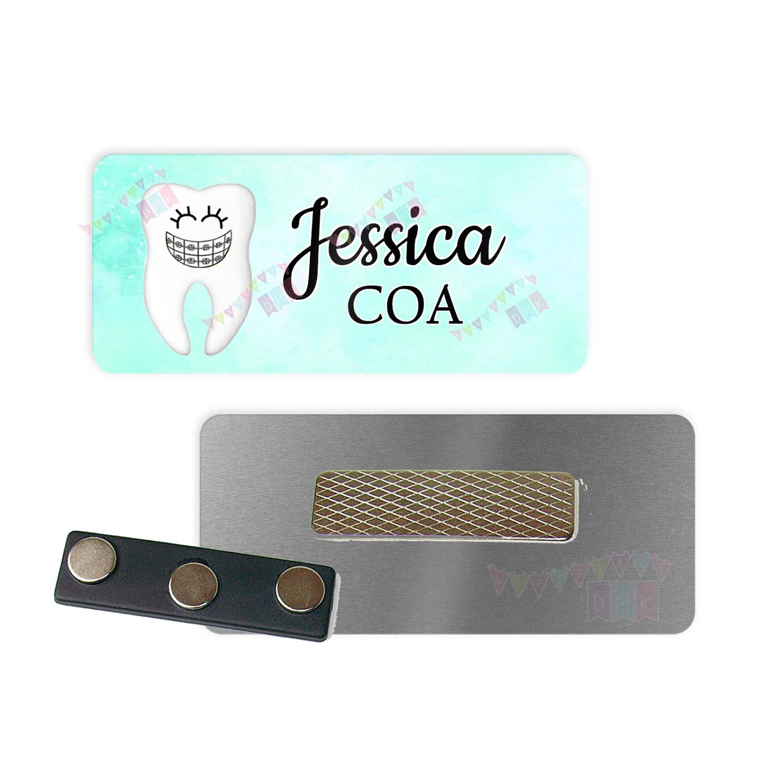 Braelyn the Brace Face - Teal Watercolor - Orthodontist - PERSONALIZED - Custom Name Tag - 1.25" x 3" Magnetic OR Pin Back