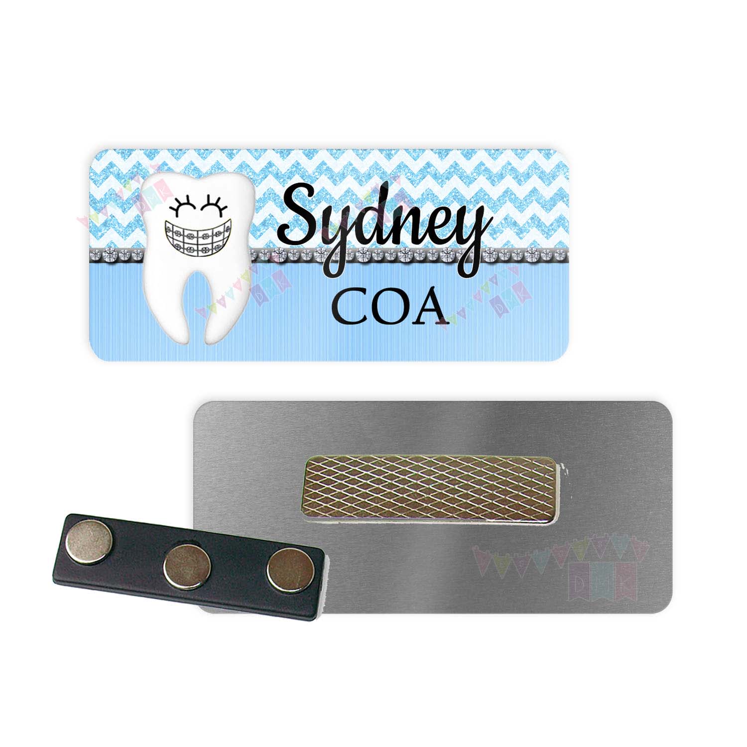 Braelyn the Brace Face - Light Blue Chevron Bling - Orthodontist - PERSONALIZED - Custom Name Tag - 1.25" x 3" Magnetic OR Pin Back