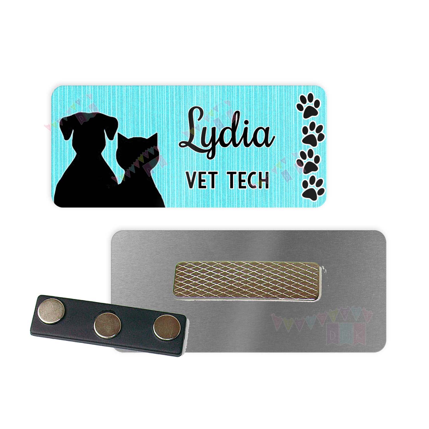 Dog & Cat with Paw Prints - Teal - Vet Tech - PERSONALIZED - Custom Name Tag - 1.25" x 3" Magnetic OR Pin Back