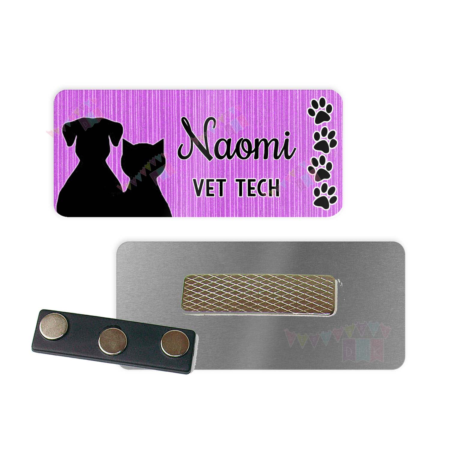 Dog & Cat with Paw Prints - Purple - Vet Tech - PERSONALIZED - Custom Name Tag - 1.25" x 3" Magnetic OR Pin Back