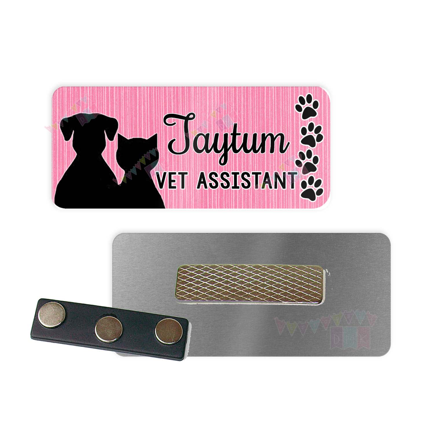 Dog & Cat with Paw Prints - Pink - Vet Tech - PERSONALIZED - Custom Name Tag - 1.25" x 3" Magnetic OR Pin Back