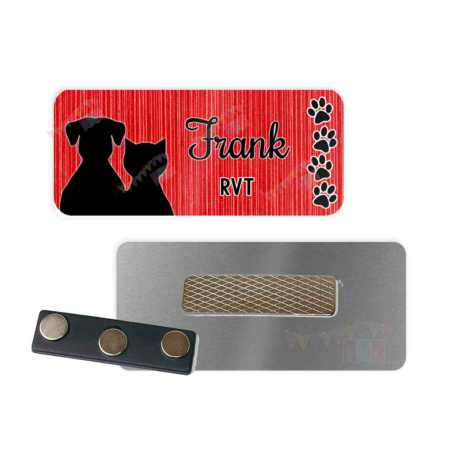 Dog & Cat with Paw Prints - Red - Vet Tech - PERSONALIZED - Custom Name Tag - 1.25" x 3" Magnetic OR Pin Back