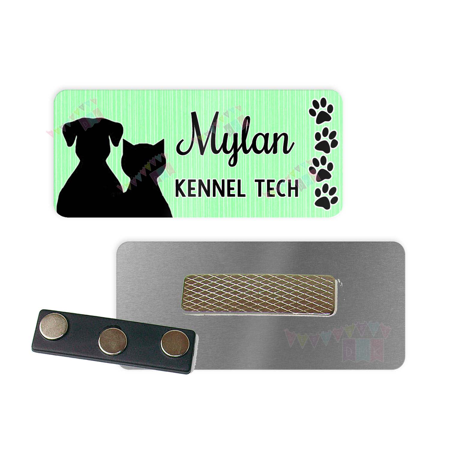 Dog & Cat with Paw Prints - Mint - Vet Tech - PERSONALIZED - Custom Name Tag - 1.25" x 3" Magnetic OR Pin Back