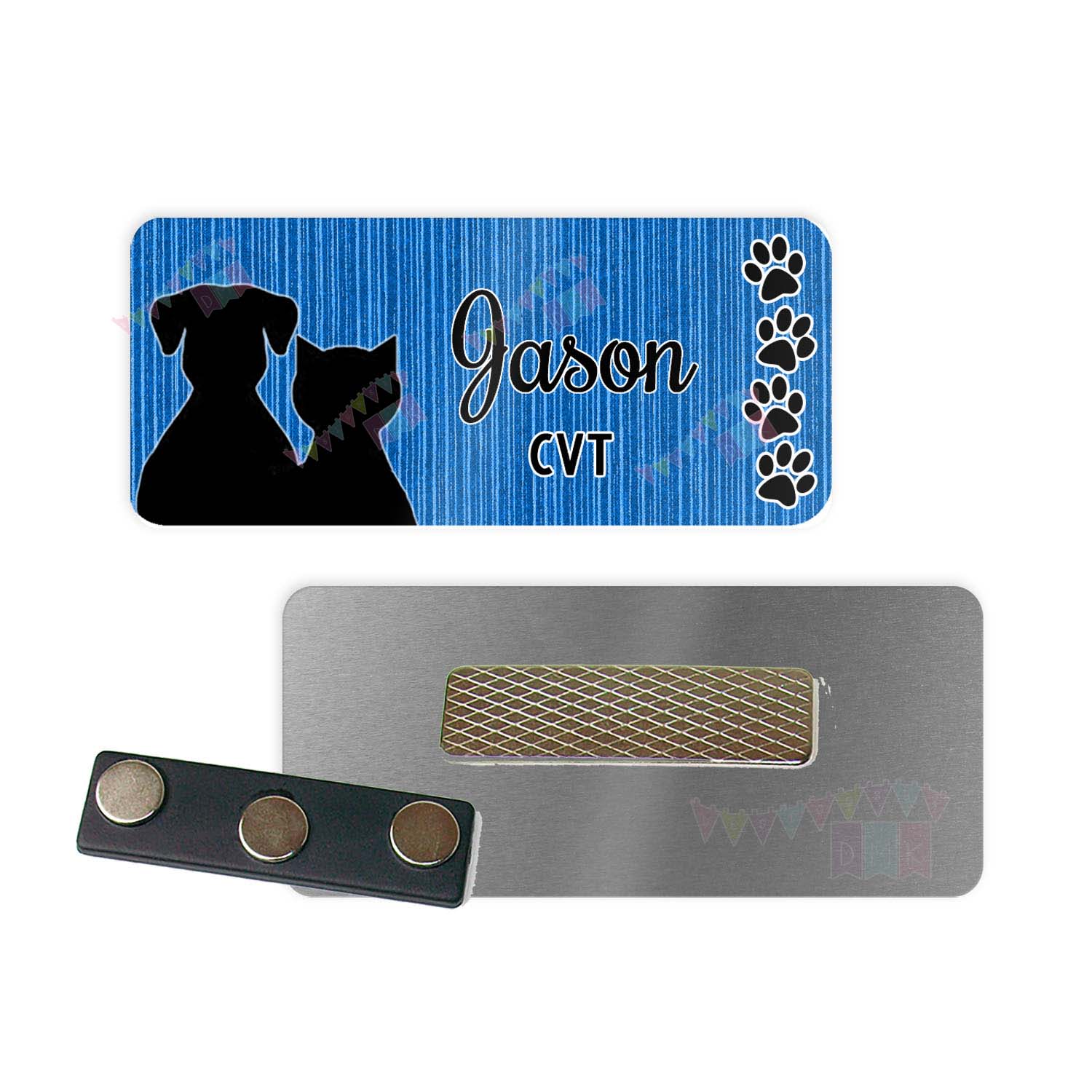 Dog & Cat with Paw Prints - Blue - Vet Tech - PERSONALIZED - Custom Name Tag - 1.25" x 3" Magnetic OR Pin Back