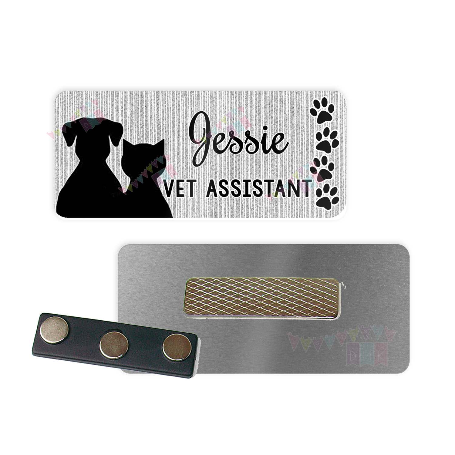 Dog & Cat with Paw Prints - Grey - Vet Tech - PERSONALIZED - Custom Name Tag - 1.25" x 3" Magnetic OR Pin Back