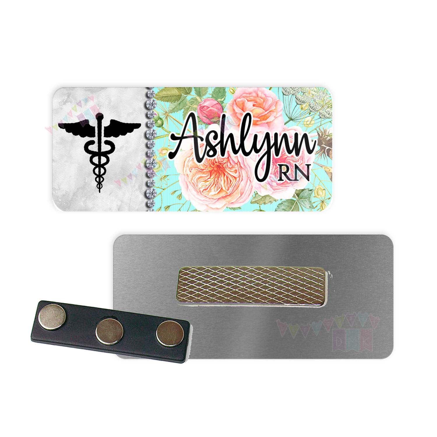 Medical Symbol - Split Grey - Watercolor Floral - BLING - Teal - PERSONALIZED - Custom Name Tag - 1.25" x 3" Magnetic OR Pin Back