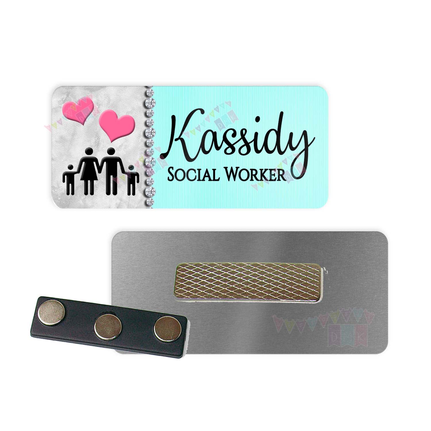 Family - Split Grey - Social Work - BLING - Teal - PERSONALIZED - Custom Name Tag - 1.25" x 3" Magnetic OR Pin Back