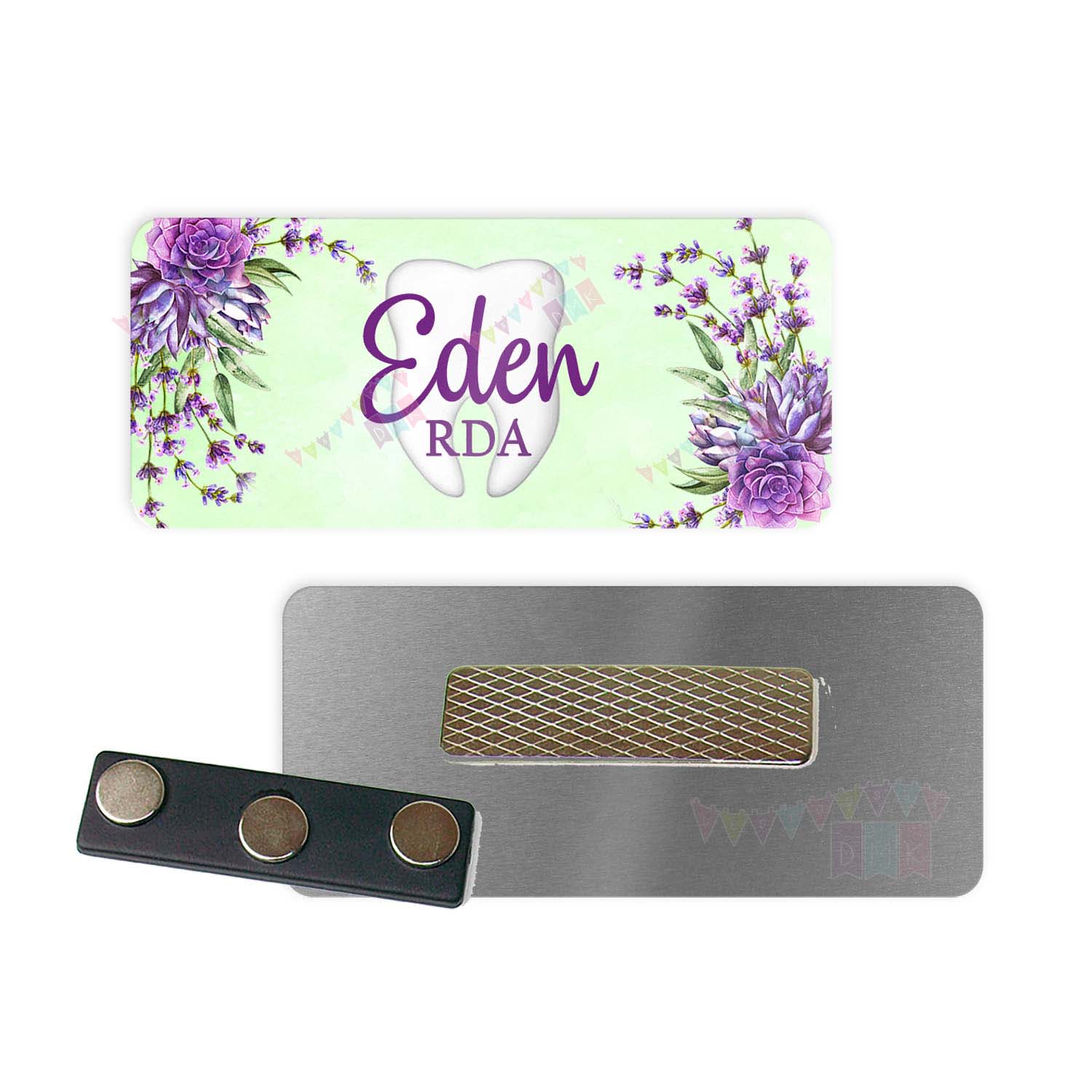 Dental - Watercolor Green - Lavender Succulents TOO - PERSONALIZED - Custom Name Tag - 1.25" x 3" Magnetic OR Pin Back