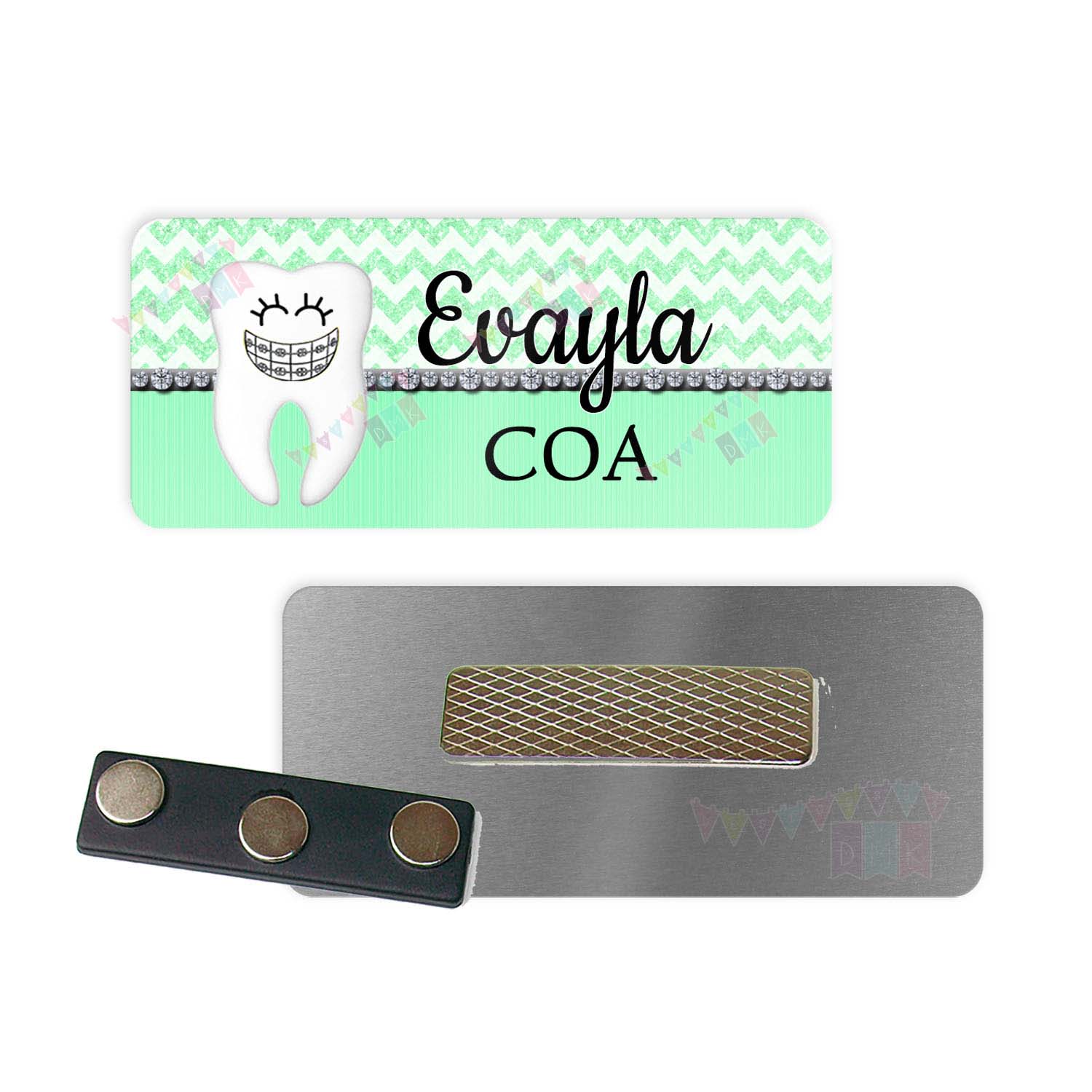 Braelyn the Brace Face - Mint Chevron Bling - Orthodontist - PERSONALIZED - Custom Name Tag - 1.25" x 3" Magnetic OR Pin Back