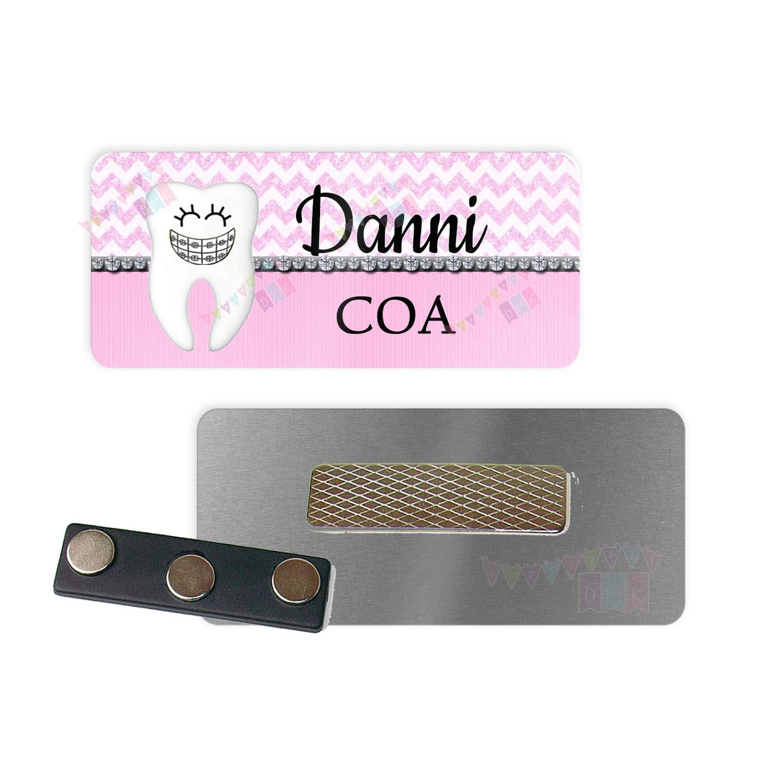 Braelyn the Brace Face - Pink Chevron Bling - Orthodontist - PERSONALIZED - Custom Name Tag - 1.25" x 3" Magnetic OR Pin Back