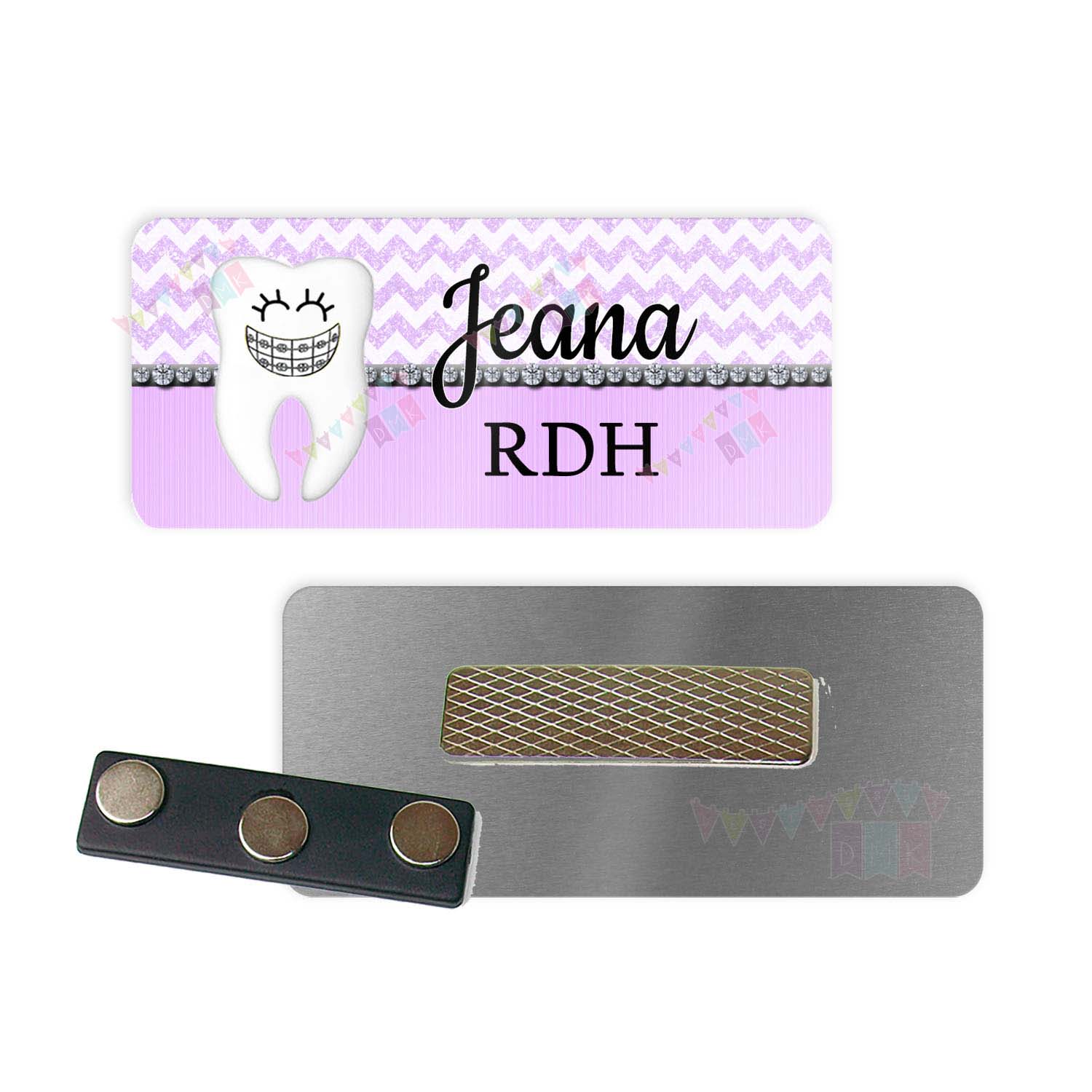 Braelyn the Brace Face - Purple Chevron Bling - Orthodontist - PERSONALIZED - Custom Name Tag - 1.25" x 3" Magnetic OR Pin Back