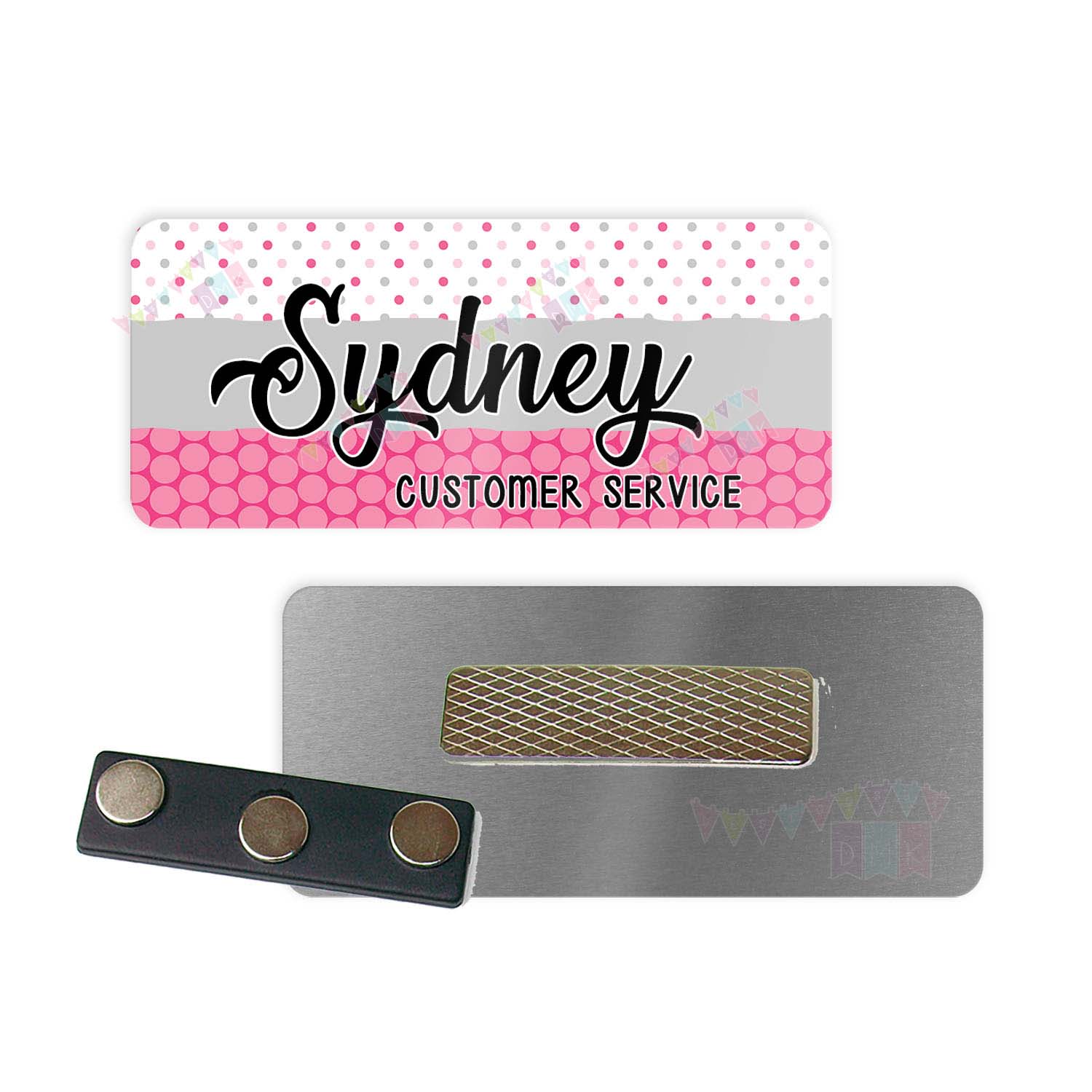 White - Grey - Pink - Polka Dot - PERSONALIZED - Custom Name Tag - 1.25" x 3" Magnetic OR Pin Back