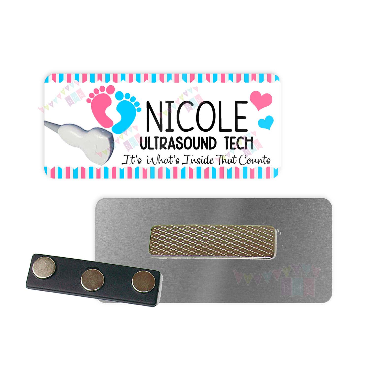 Baby Feet - Ultrasound - Transducer - Pink & Blue Border - PERSONALIZED - Custom Name Tag - 1.25" x 3" Magnetic OR Pin Back