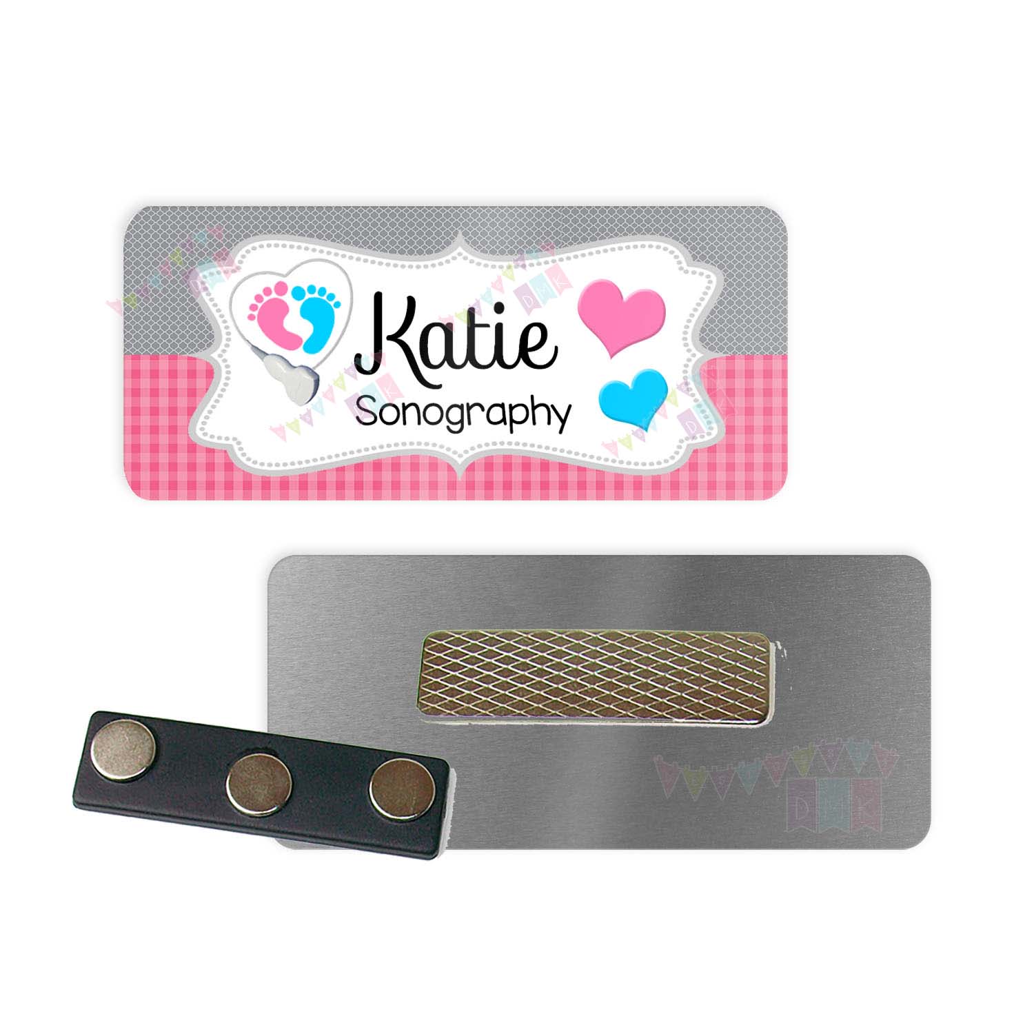 Baby Feet - Transducer Heart - Pink Gingham Grey Quatrefoil - PERSONALIZED - Custom Name Tag - 1.25" x 3" Magnetic OR Pin Back