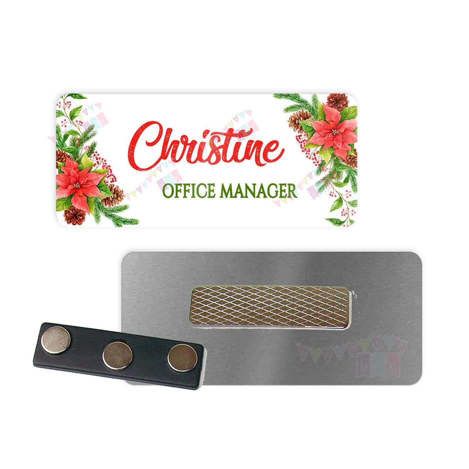 Christmas Poinsettias - PERSONALIZED - Custom Name Tag - 1.25" x 3" Magnetic OR Pin Back - Secretary - Office Manager