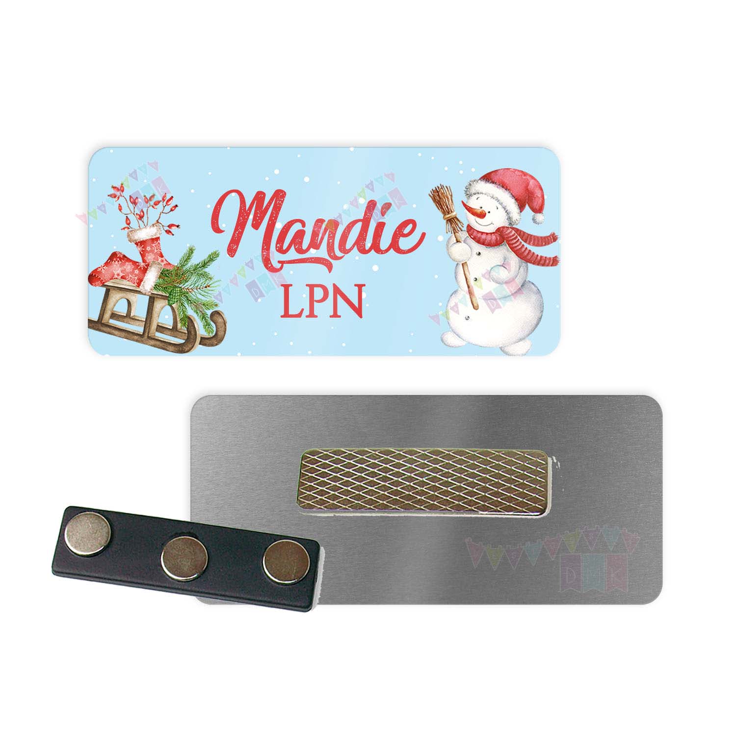 Snowman with Sled - PERSONALIZED - Custom Name Tag - 1.25" x 3" Magnetic OR Pin Back